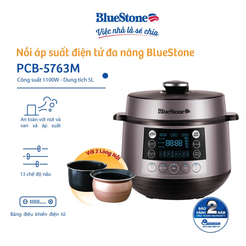 Nồi Áp Suất Điện Bluestone PCB-5763M, 1100W - 5 Lít, Hàng chính hãng