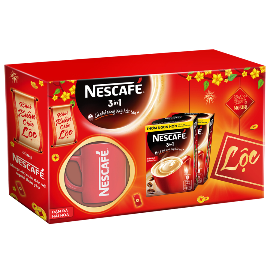 Hộp quà Tết NESCAFÉ 3in1 Cà phê rang xay hòa tan Đậm đà hài hòa với ly sứ đỏ 2 hộp x 20 gói x 17g 