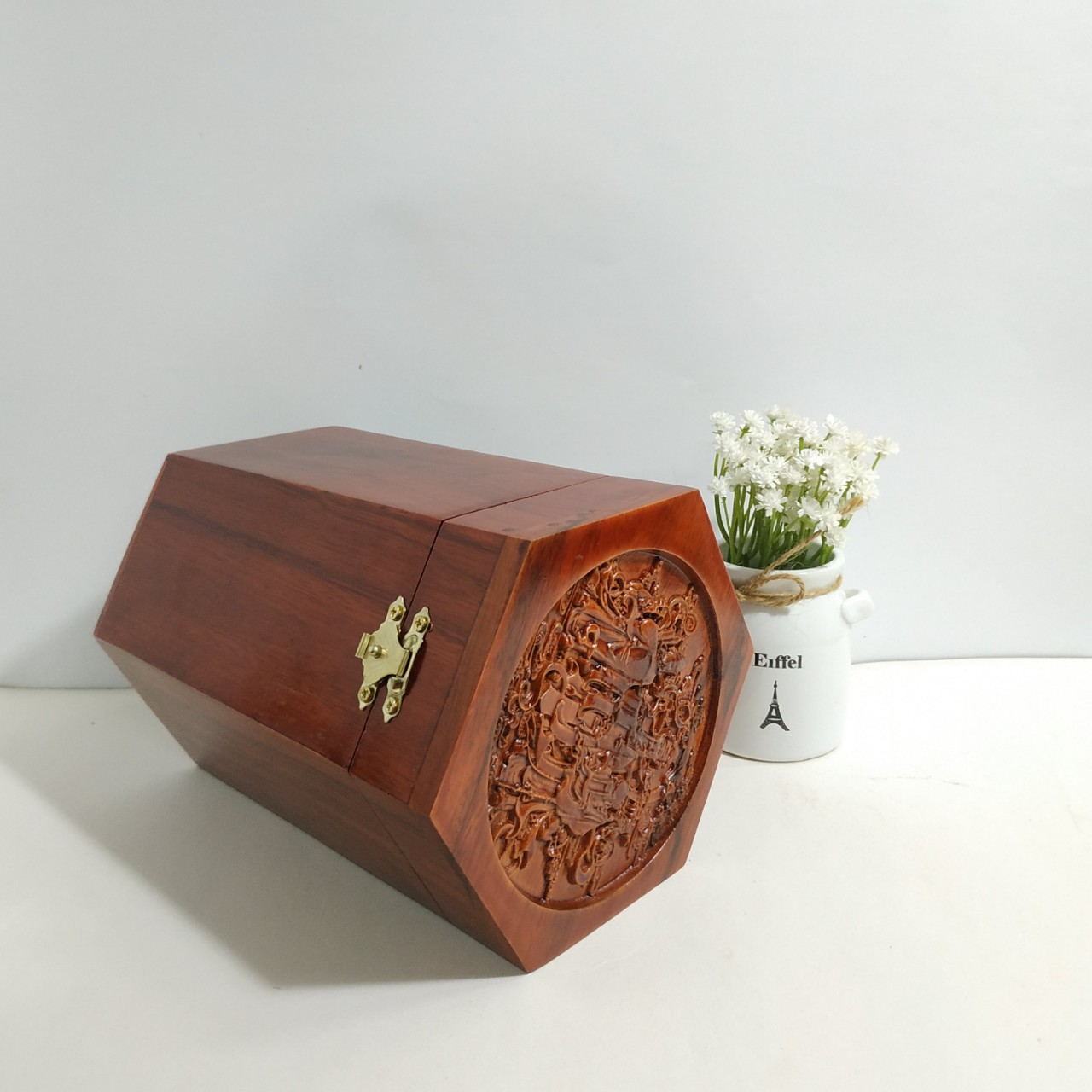 Hộp đựng chè - hộp đựng trà gỗ hương chạm 3 ông tam đa - loại to cao