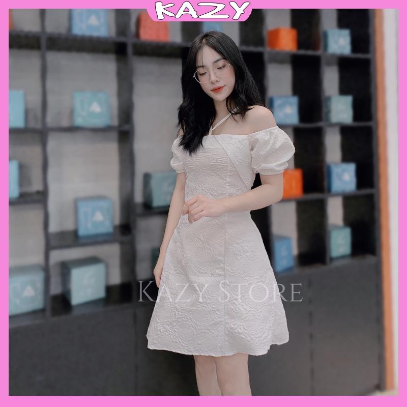 Váy trắng tiểu thư tay bồng, Váy trắng dự tiệc hoa văn xốp KAZY STORE V15