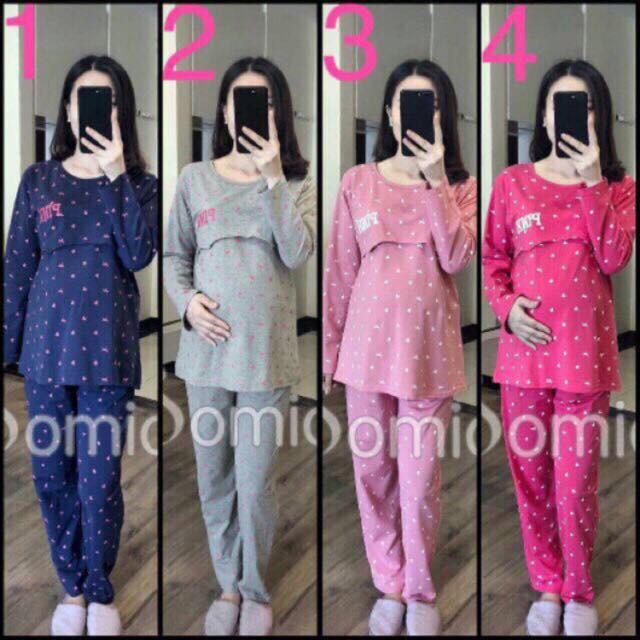 Bộ đồ bầu pink mở nắp dài mặc bầu và sau sinh
