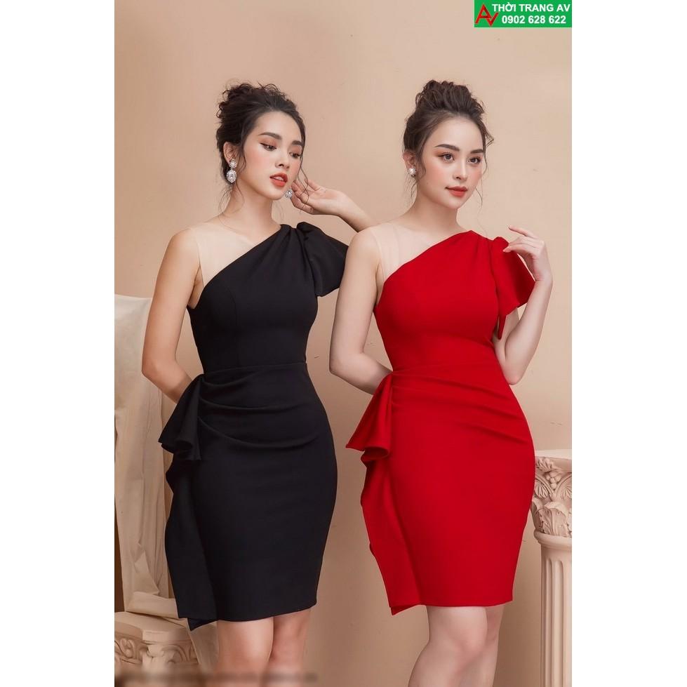 Đầm ôm body lệch vai phối lưới dún eo - AV6194