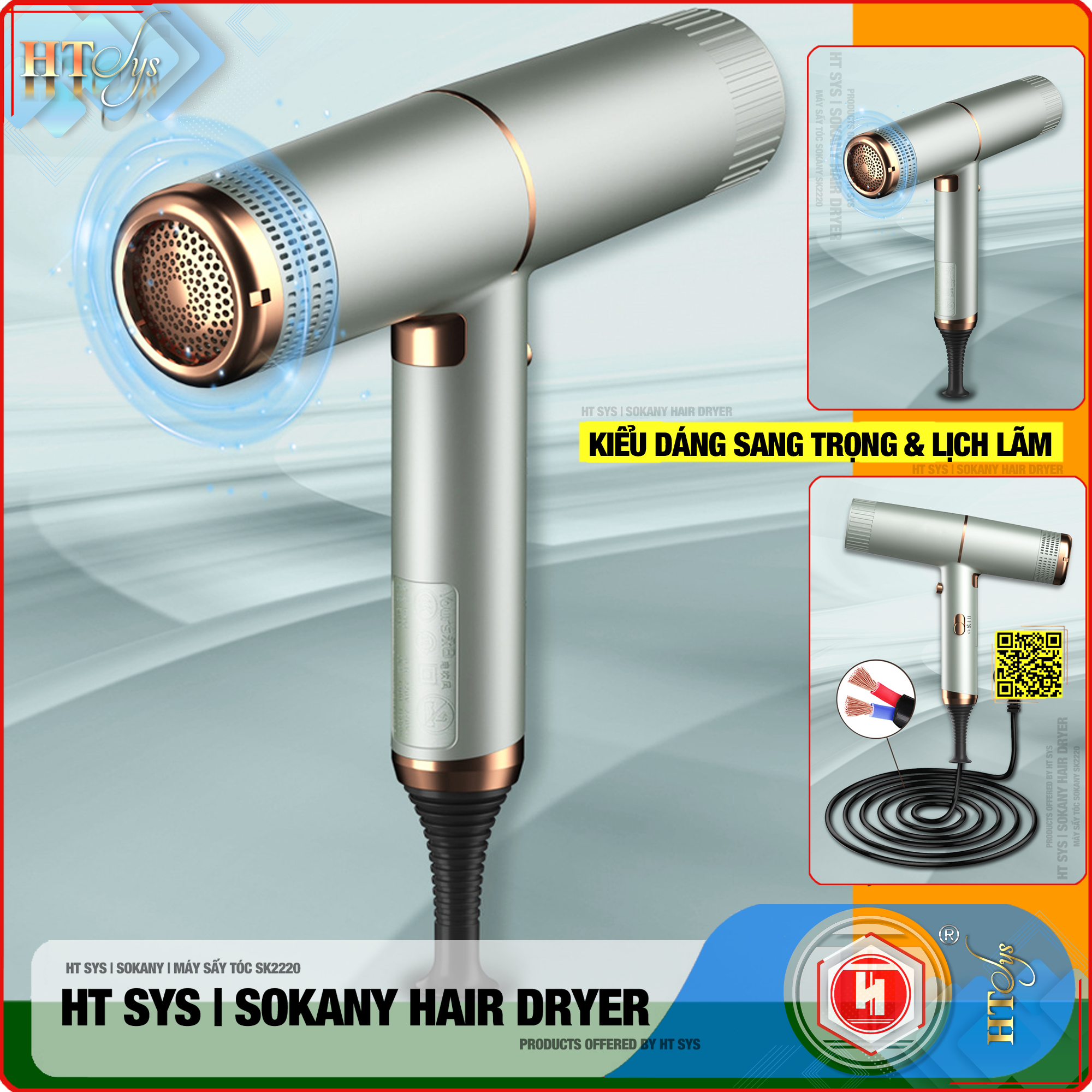 Máy sấy tóc ion âm HT SYS - SOKANY SK-2220 - Kiểu dáng chữ T sang trọng, tiện lợi, công suất 1600W chuyên dụng tại nhà và hair salon - Máy sấy tóc 2 chiều nóng lạnh có bổ sung ion dưỡng ẩm làm mềm mượt tóc - [Hàng Nhập Khẩu]