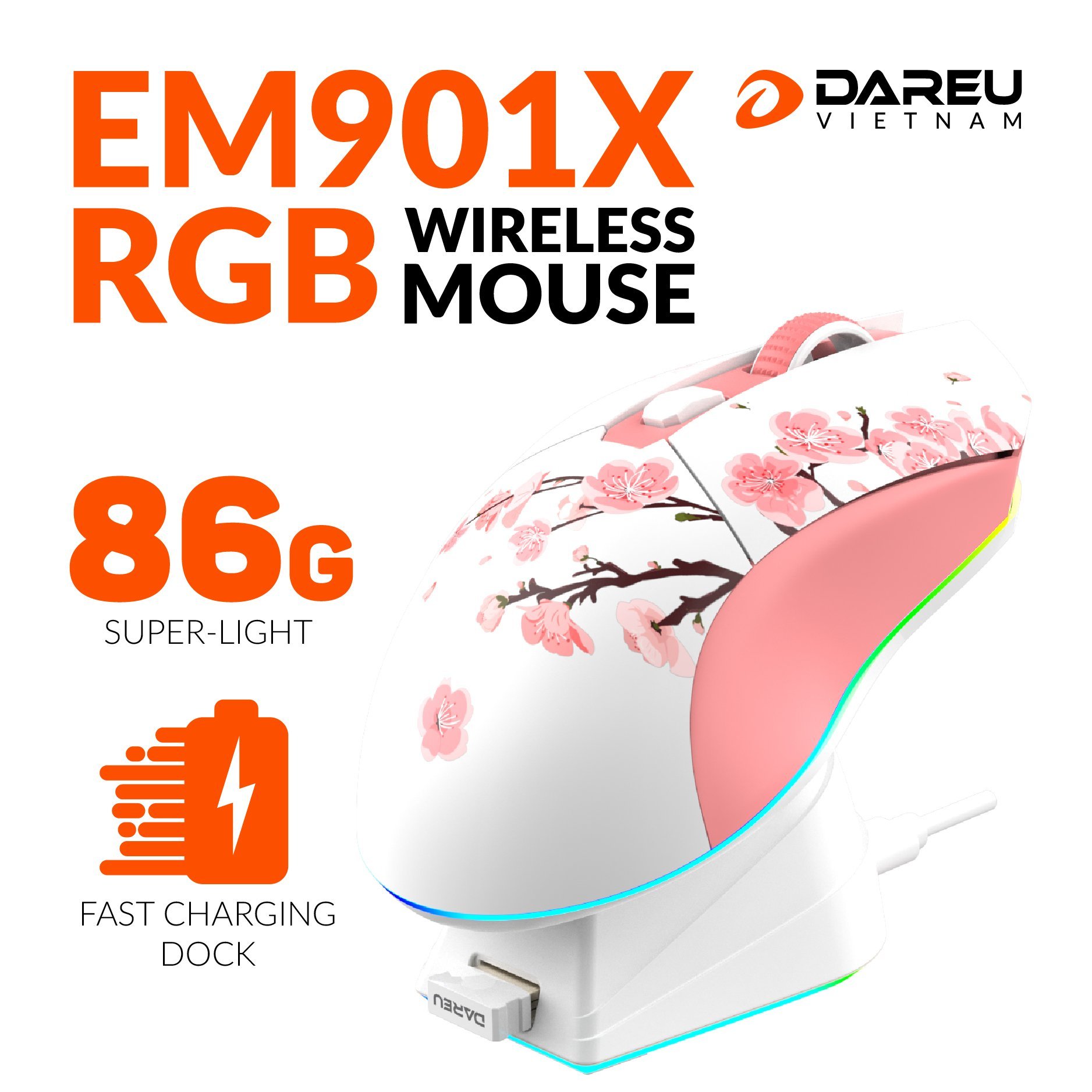 Chuột không dây Gaming DAREU EM901X RGB - SAKURA PINK ( SUPERLIGHT, FAST CHARING DOCK ) - Hàng chính hãng