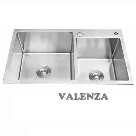 Combo chậu rửa chén bát inox Valenza 7843 hố lệch, vòi rửa bát inox nóng lạnh Lò xo, rá inox, bình xà phòng, bộ xả chậu