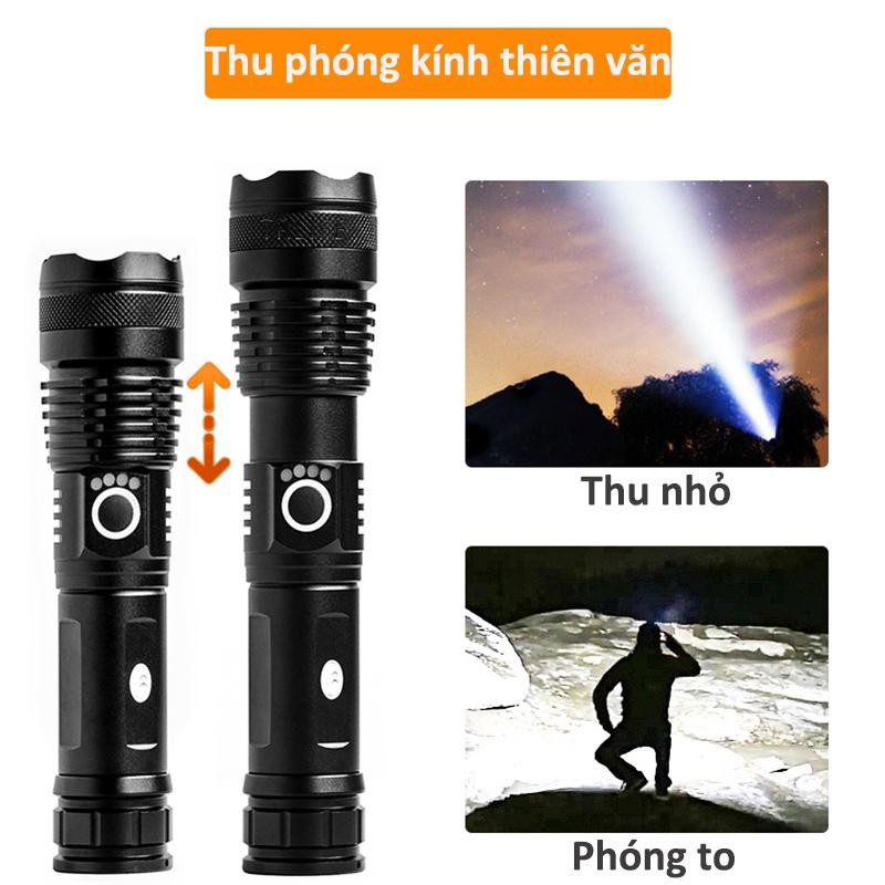 Đèn pin siêu sáng XHP50 bản cao cấp đèn led chiếu xa chống nước, chiếu xa 300m, sạc pin tiện lợi Độ sáng 1800 lumens