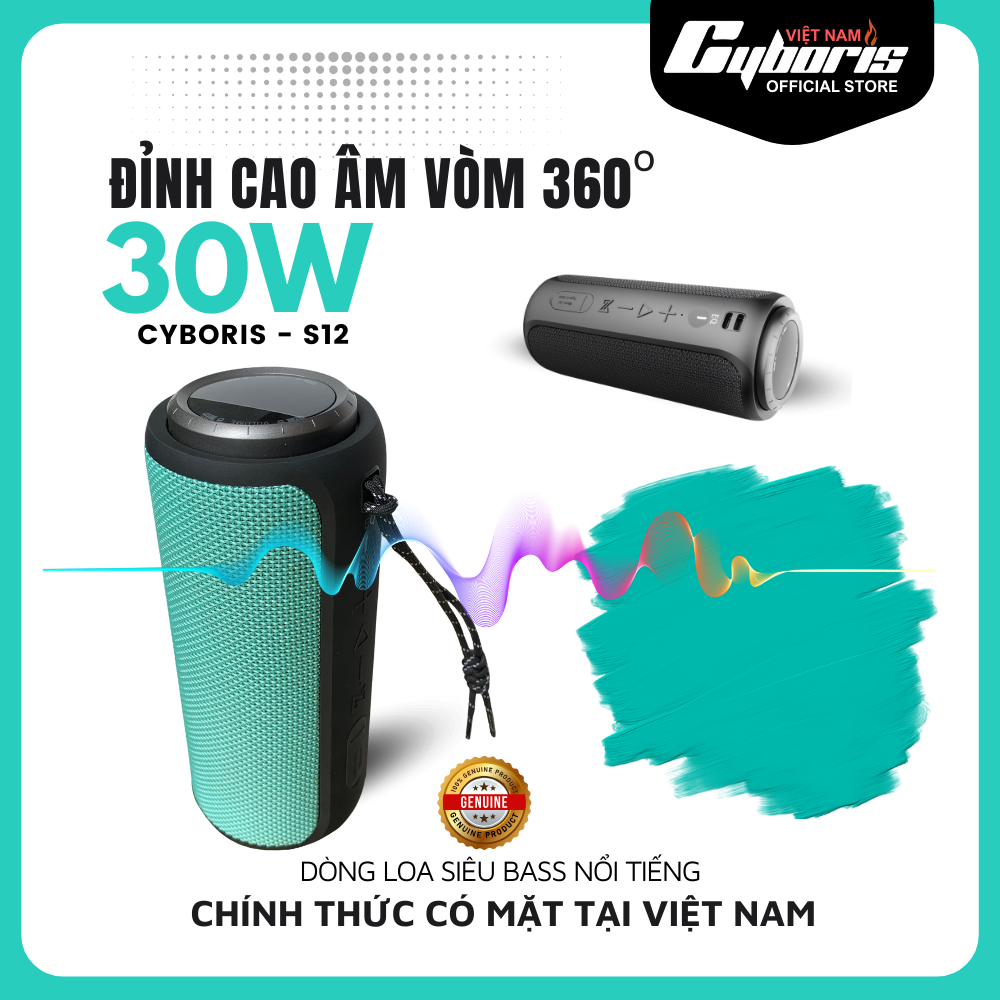 Loa Nghe Nhạc Bluetooth Cyboris S12, Loa siêu Bass, Công suất 30W, Chống nước IPX7, Pin 4000mAh. Hàng Chính Hãng