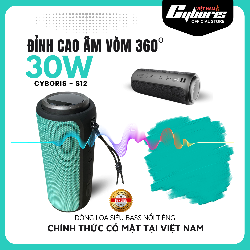 Loa Nghe Nhạc Bluetooth Cyboris S12, Loa siêu Bass, Công suất 30W, Chống nước IPX7, Pin 4000mAh. Hàng Chính Hãng.