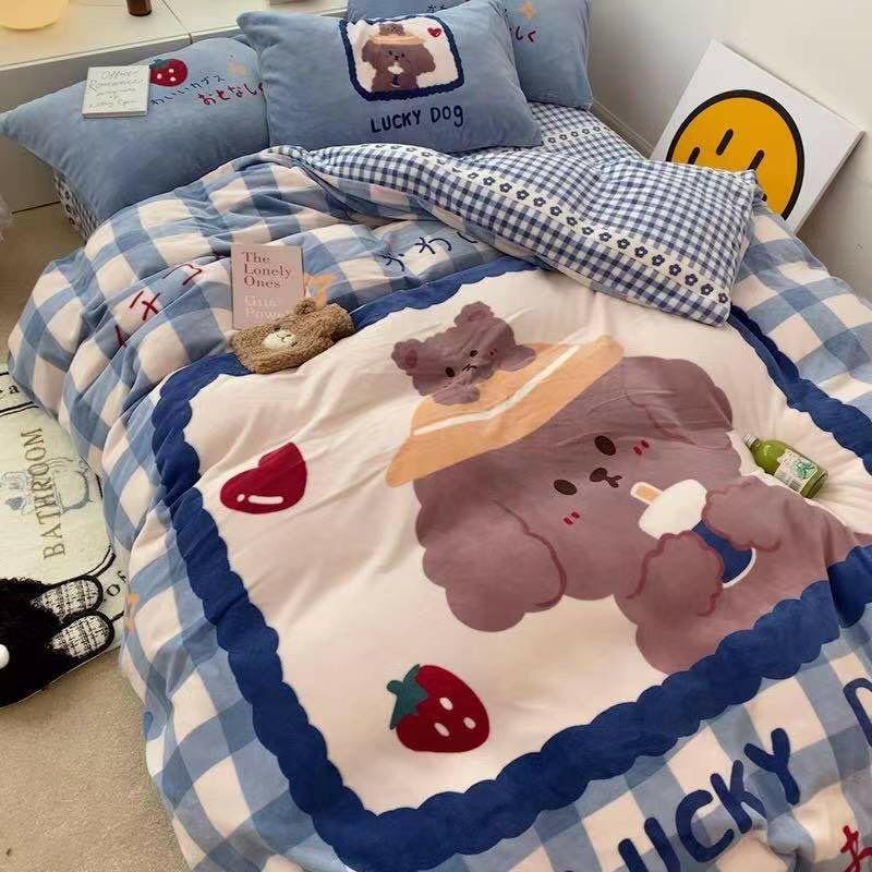 Trọn bộ 4 món chăn ga gối nỉ nhung mịn hàng nhập khẩu dày đẹp