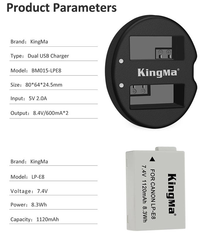 Sạc đôi Kingma for Canon LP-E8 - Hàng chính hãng