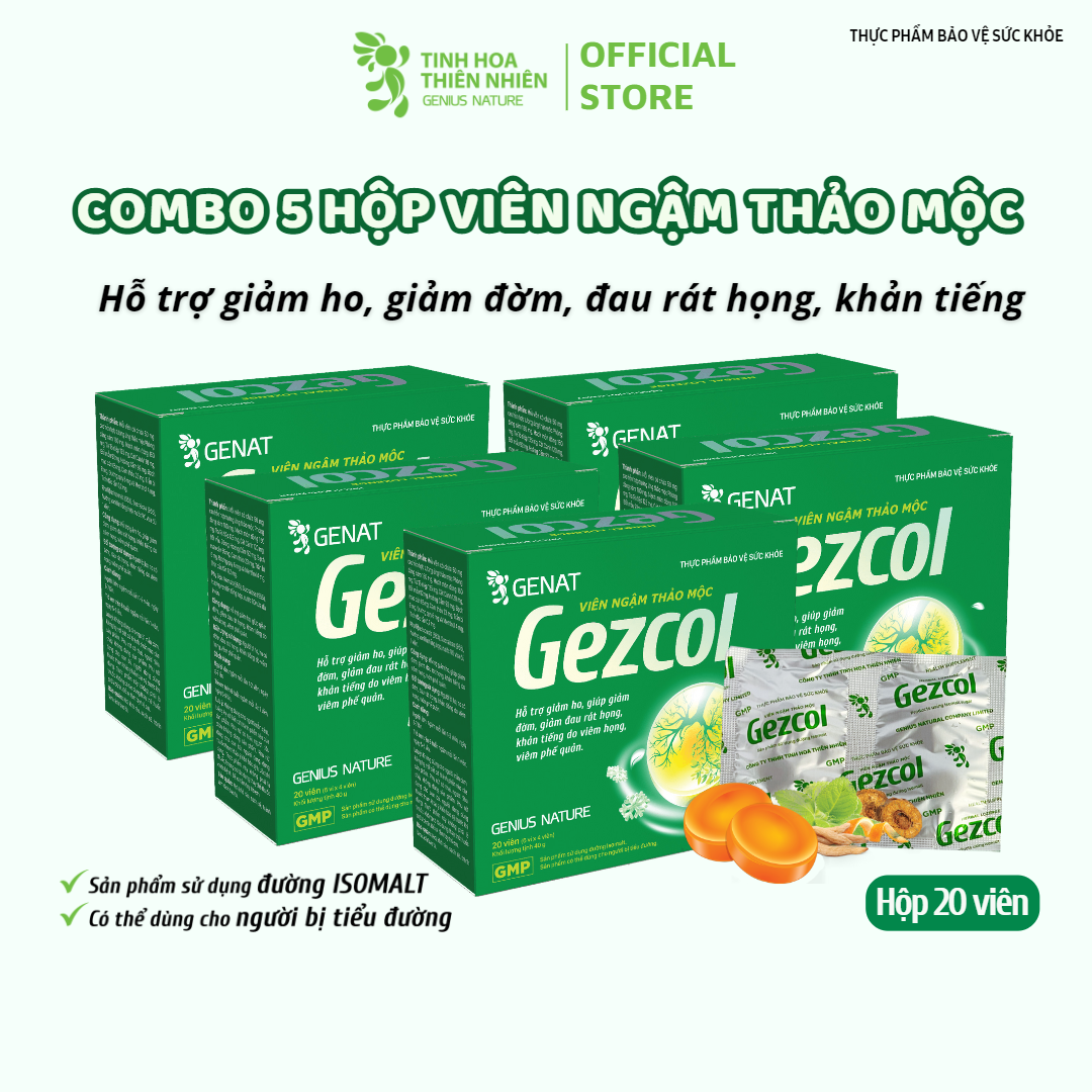 Combo 5 hộp 20 viên - Viên ngậm thảo mộc Gezcol Hỗ trợ giảm ho, giảm đờm, giảm đau rát họng, khản tiếng - Genat