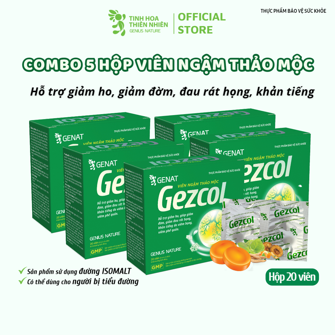 Combo 5 hộp viên ngậm ho thảo mộc Gezcol Hỗ trợ giảm đau rát họng, khản tiếng do viêm họng, viêm phế quản (hộp 20 viên) - Genat