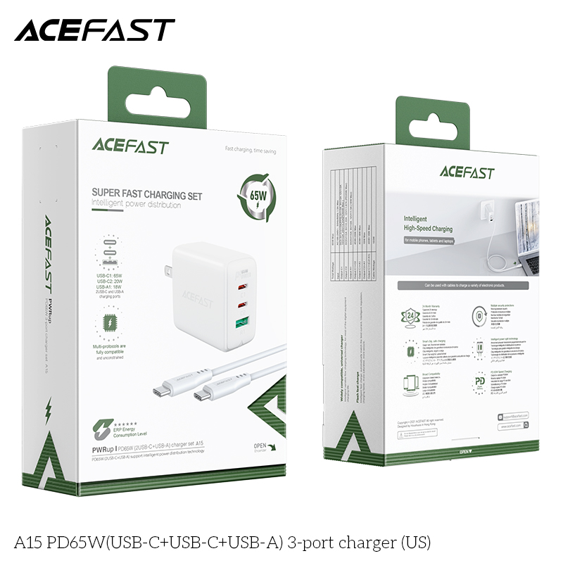 Sạc Acefast PD3.0 65W 3 cổng USB-C+USB-C+USB-A (US) - A15 Hàng chính hãng Acefast