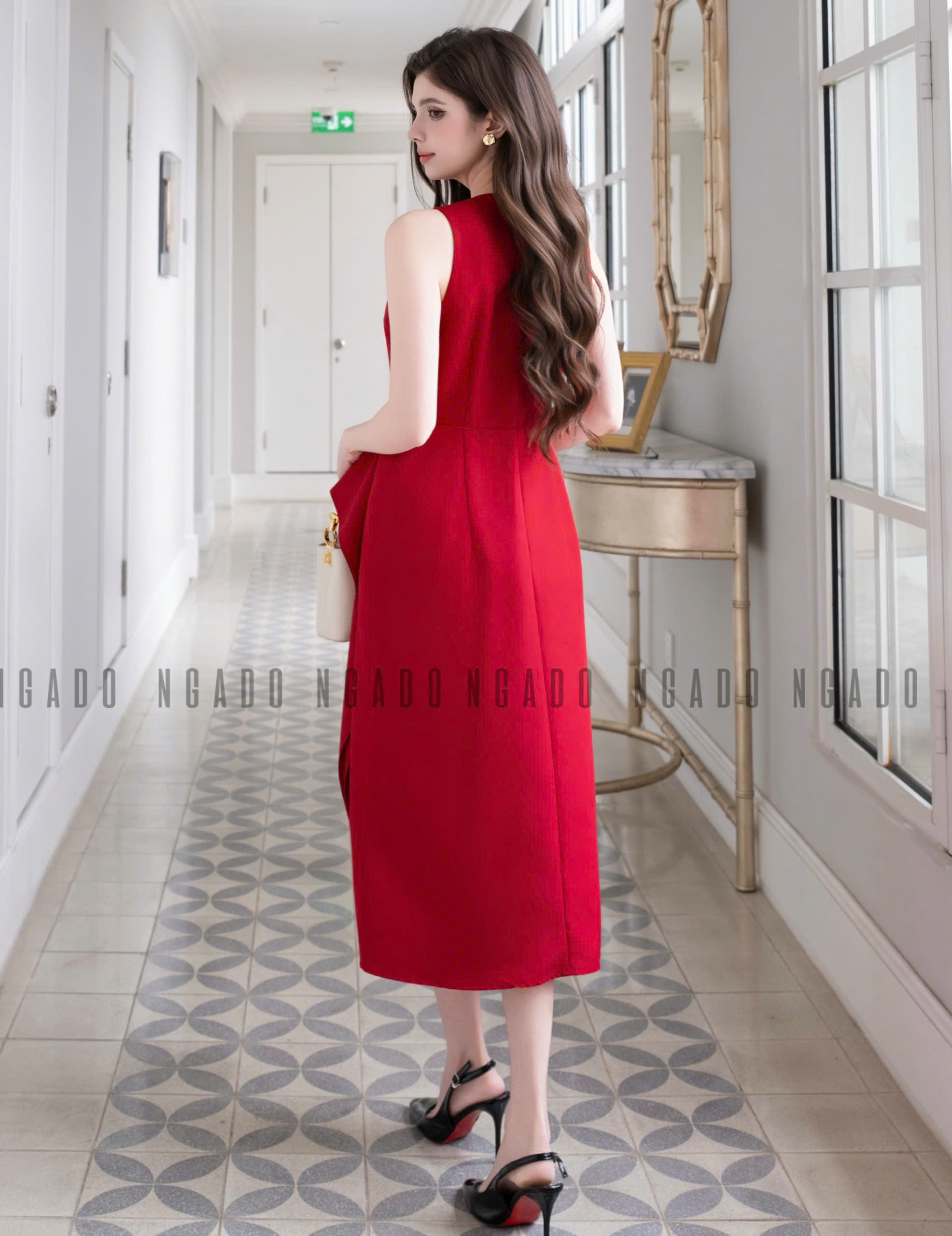 Đầm đỏ phối tà NGADO , đầm dáng midi , đầm dự tiệc , công sở