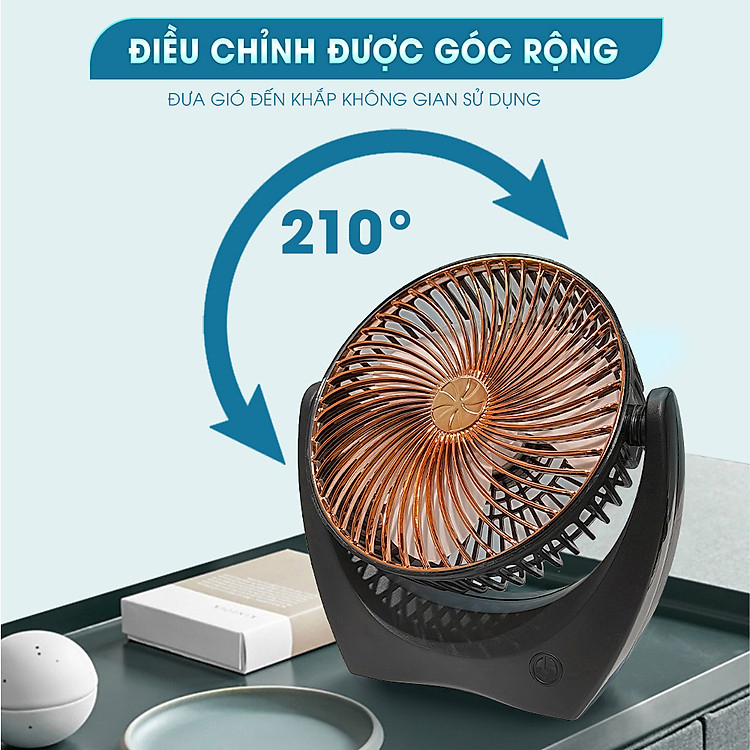 Quạt Tích Điện Mini Pin 10H, 2-3 Tốc Độ Gió Mát, Xoay Linh Hoạt 210 Độ Không Tiếng Ồn