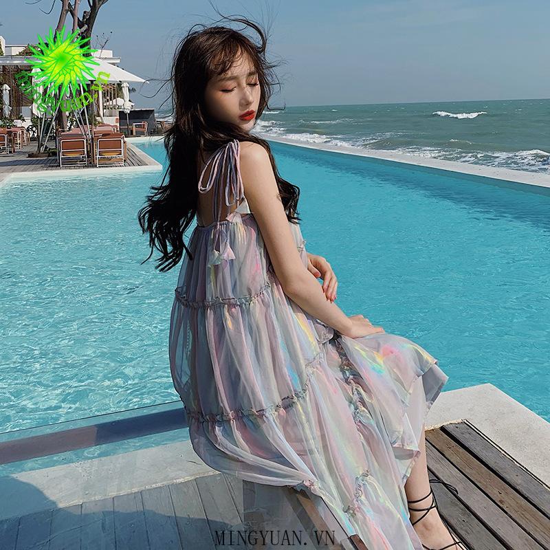 Đầm Xòe Trễ Vai Họa Tiết Cầu Vồng Xinh Xắn Dành Cho Nữ