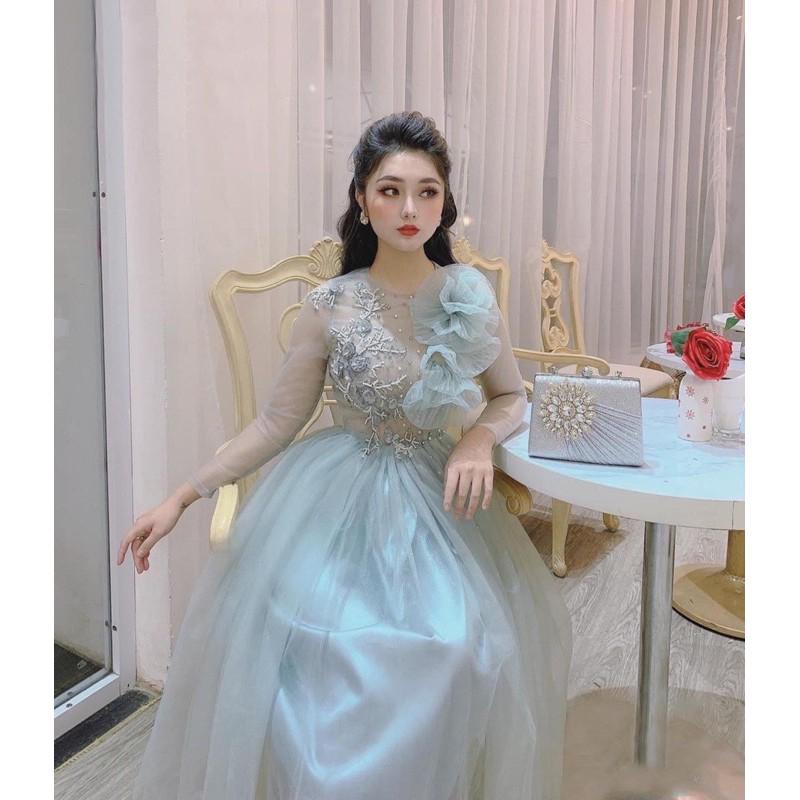 Đầm Xoè Công Chúa Phối Hoa Nổi Và Cườm - MS133Y mm đi chơi dự tiệc đám cưới, du lịch MM