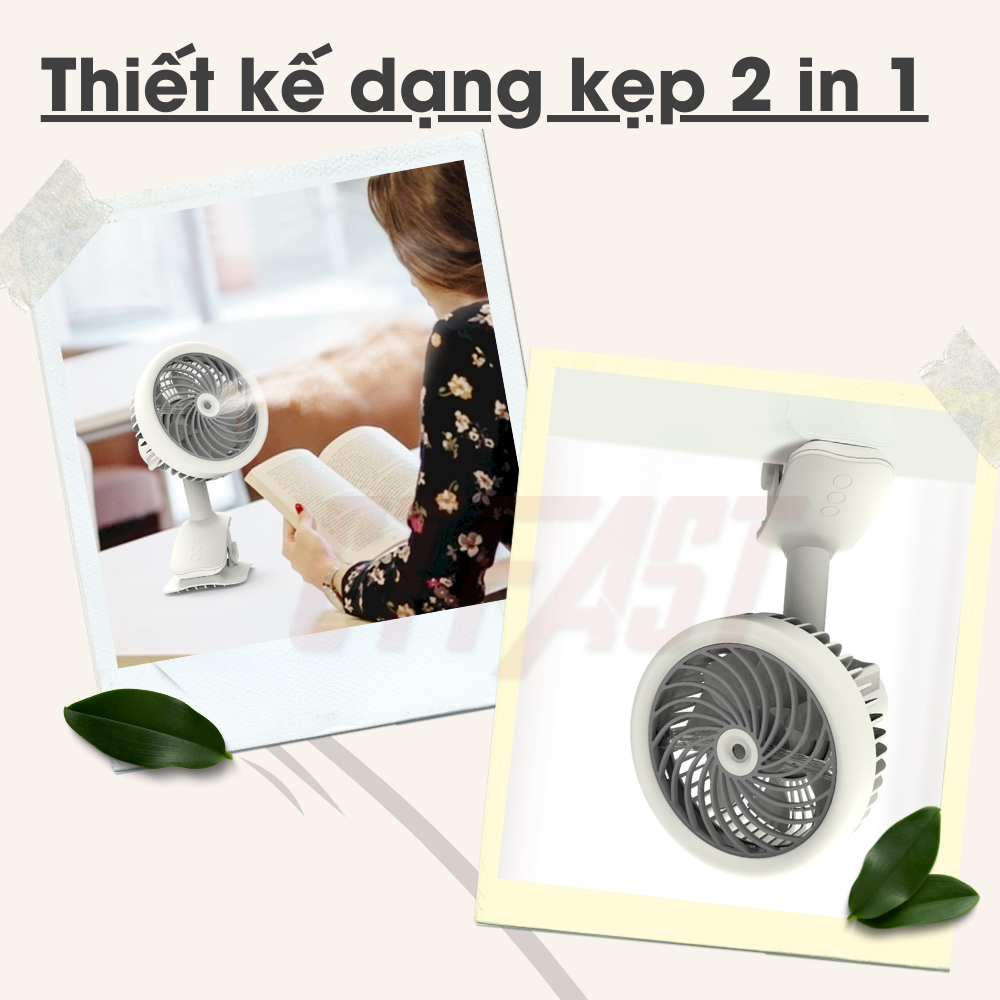 Quạt mini để bàn CTFAST W14 : Quạt tích điện cầm tay dạng kẹp tùy chỉnh 3 tốc độ gió, thiết kế 2 trong 1 kết hợp  làm mát, không gây ồn, túp năng quay điều chỉnh hướng gió 360 độ - Hàng chính hãng