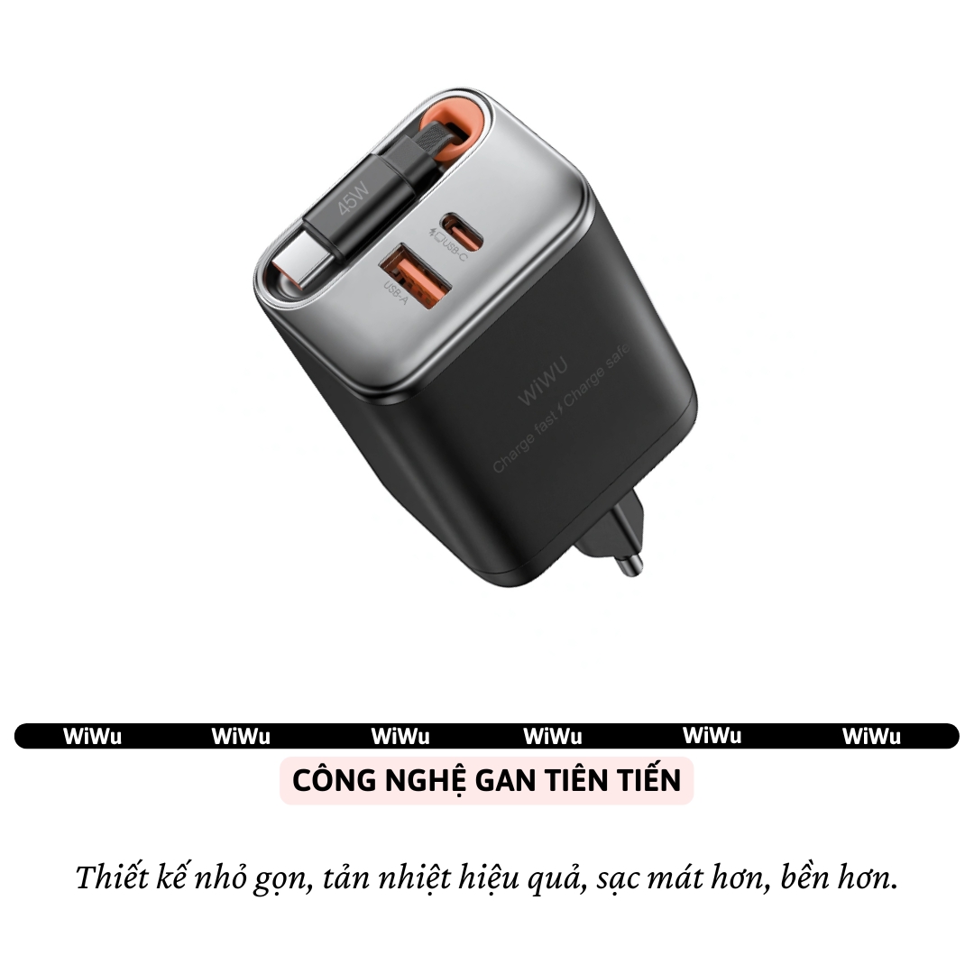Adapter cóc củ sạc nhanh 67W PD USB C + USB-A 3.0 kèm dây sạc Type-C PPS chống cháy hiệu WIWU Helix Fast Charger cho iPhone iPad Oppo Samsung - Hàng nhập khẩu