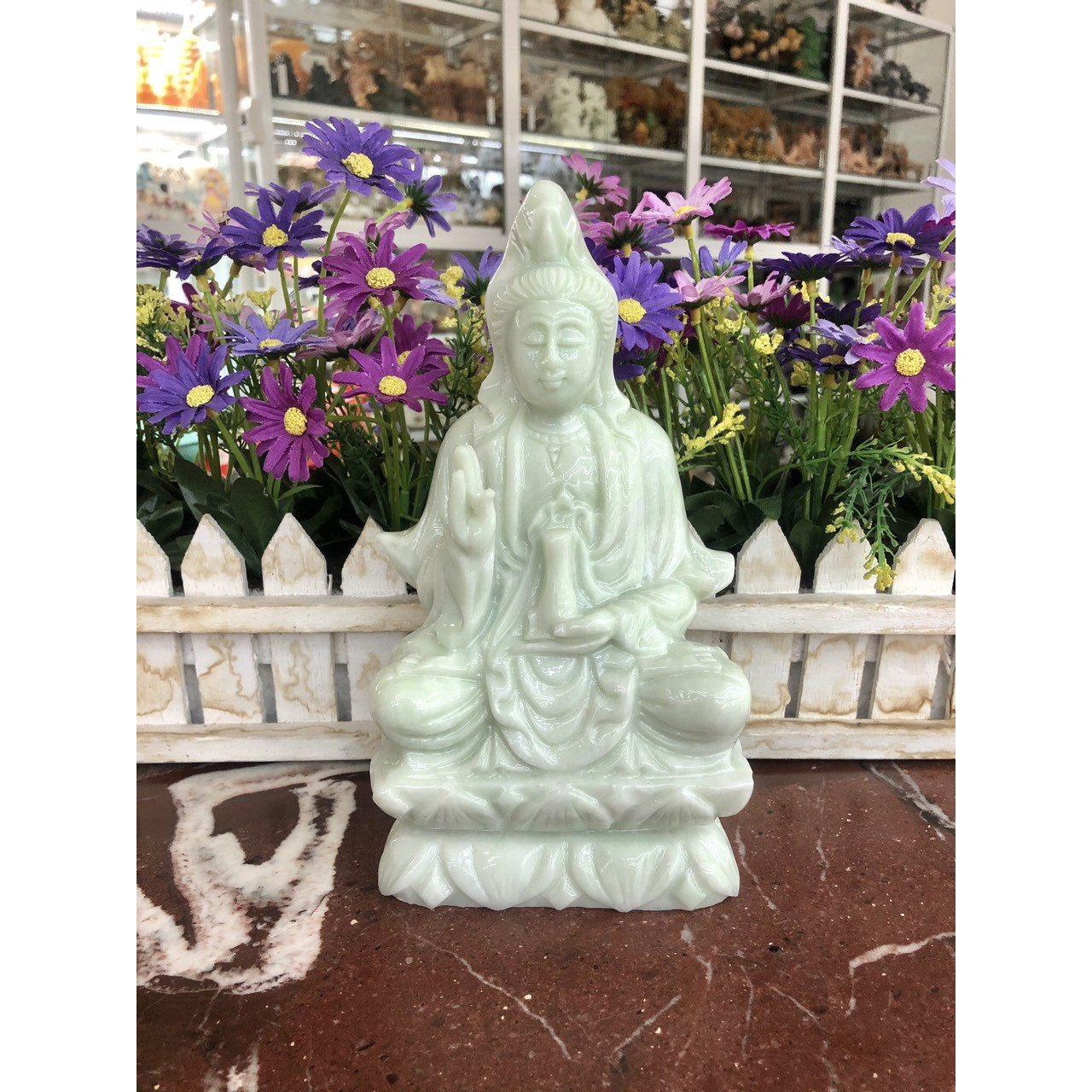 Tượng Phật Bà Quan Âm ngồi đài sen đá cẩm thạch trắng xanh trang trí xe ôtô xe hơi, bàn làm việc - Cao 20 cm