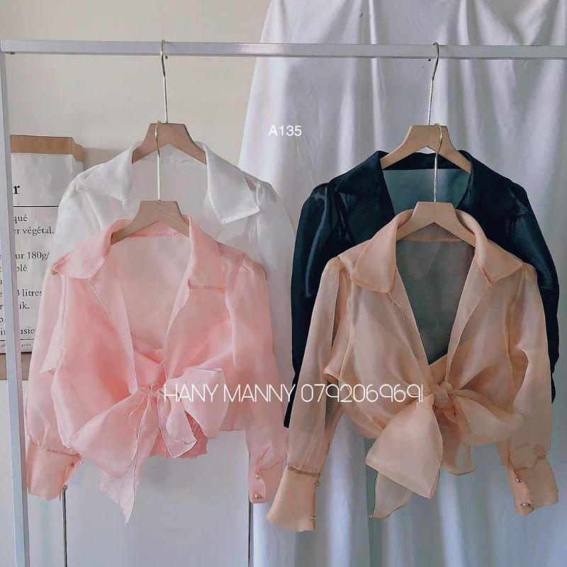Áo kiểu nữ cột nơ tay lững đính ngọc kèm áo trong