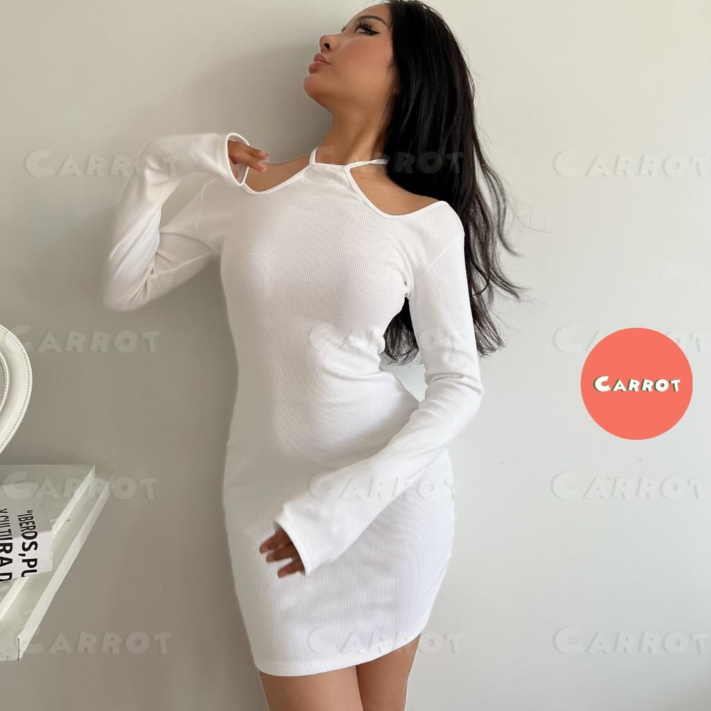 Đầm body sexy hở lưng hở eo váy ôm cổ yếm hở vai cột dây quyến rũ sang chảnh màu trắng thun gân carrotxinhdep trắng, đen