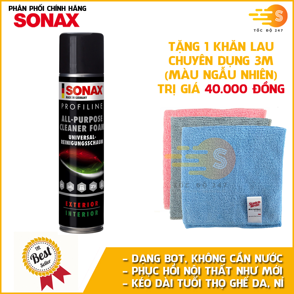 Chai xịt bọt vệ sinh nội thất ô tô đa năng Sonax 274300 400ML - tặng 1 khăn lau 3M màu ngẫu nhiên - Không cần nước, làm sạch nhanh, loại bỏ dầu mỡ, bụi bẩn, silicone, côn trùng