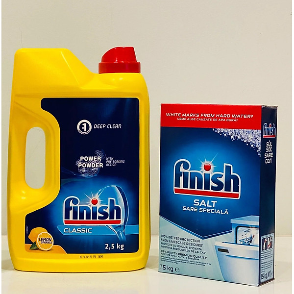 Combo Bột rửa bát Finish 2,5kg + Muối Finish 1,5kg làm mềm nước trong máy rửa bát