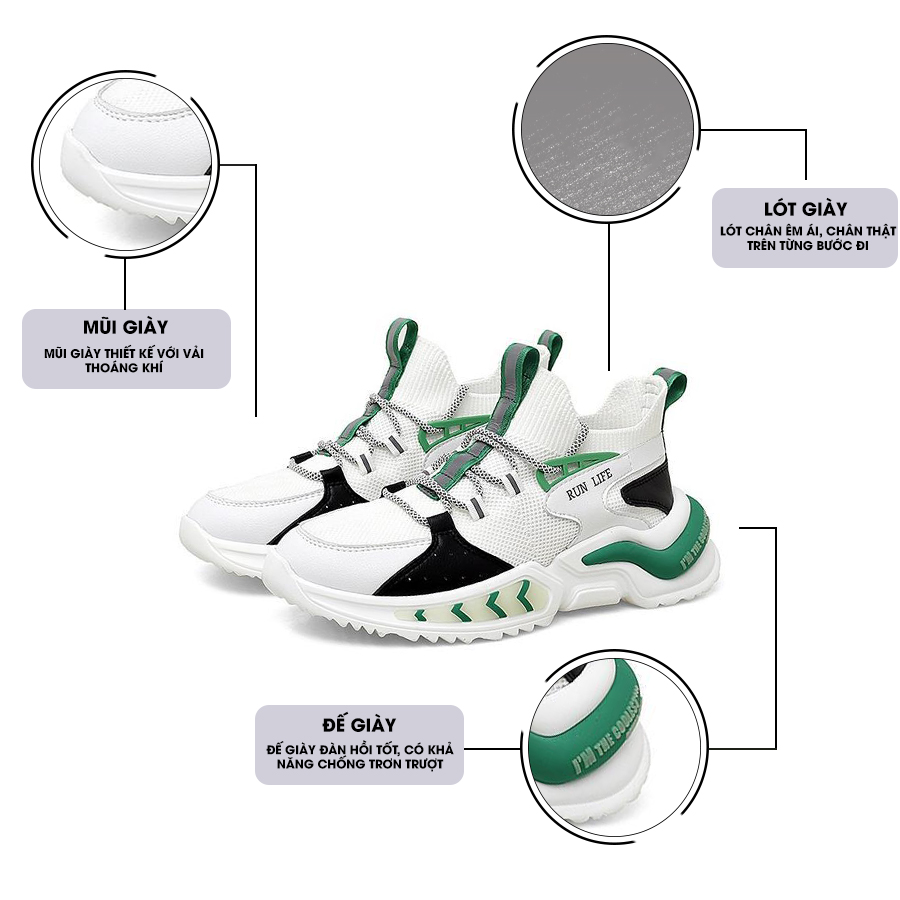 Giày Thể Thao Nam AZARA - Sneaker Màu Xám - Trắng - Đen, Giày Thể Thao Chạy Bộ, Hoạ Tiết Dấu Phẩy Đơn Giản - G5210