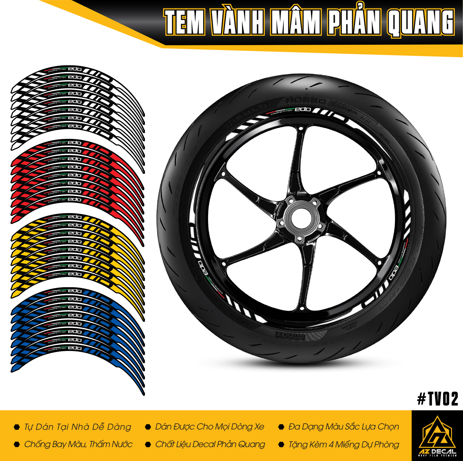 Tem Dán Vành Xe Phản Quang EDO | TV02 | Decal Dán Mâm Xe Chống Nước, Bền Màu - Phản Quang