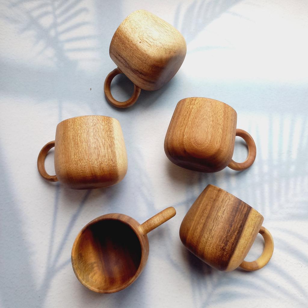 Cốc Gỗ Keo Tự Nhiên Cỡ 7x7 Có Quai Xinh Xắn, Cốc Uống Trà, Cà Phê, Chụp Ảnh Decor