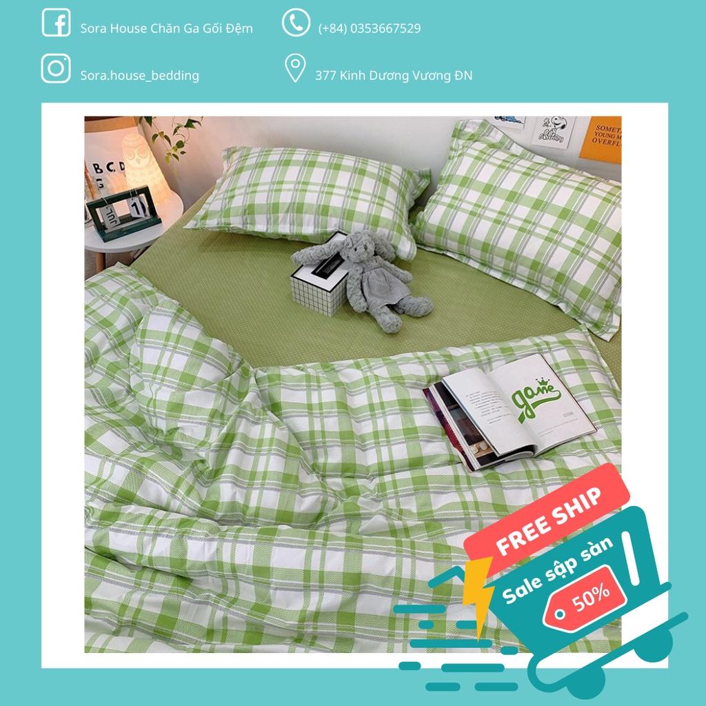 Bộ chăn ga poly kẻ caro xanh lá