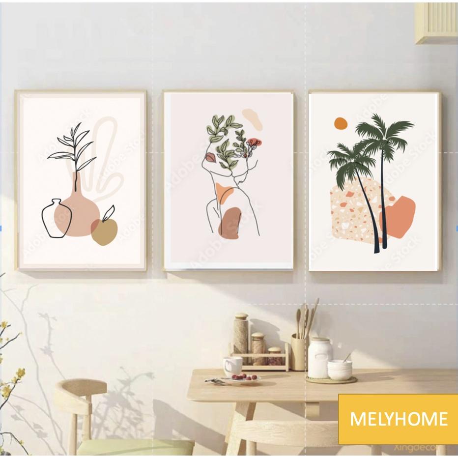 12 Bộ tranh treo tường, tranh canvas, phong cách tối giản Boho- Minimalism tone cam trắng trừu tượng kèm đinh 3 chân t