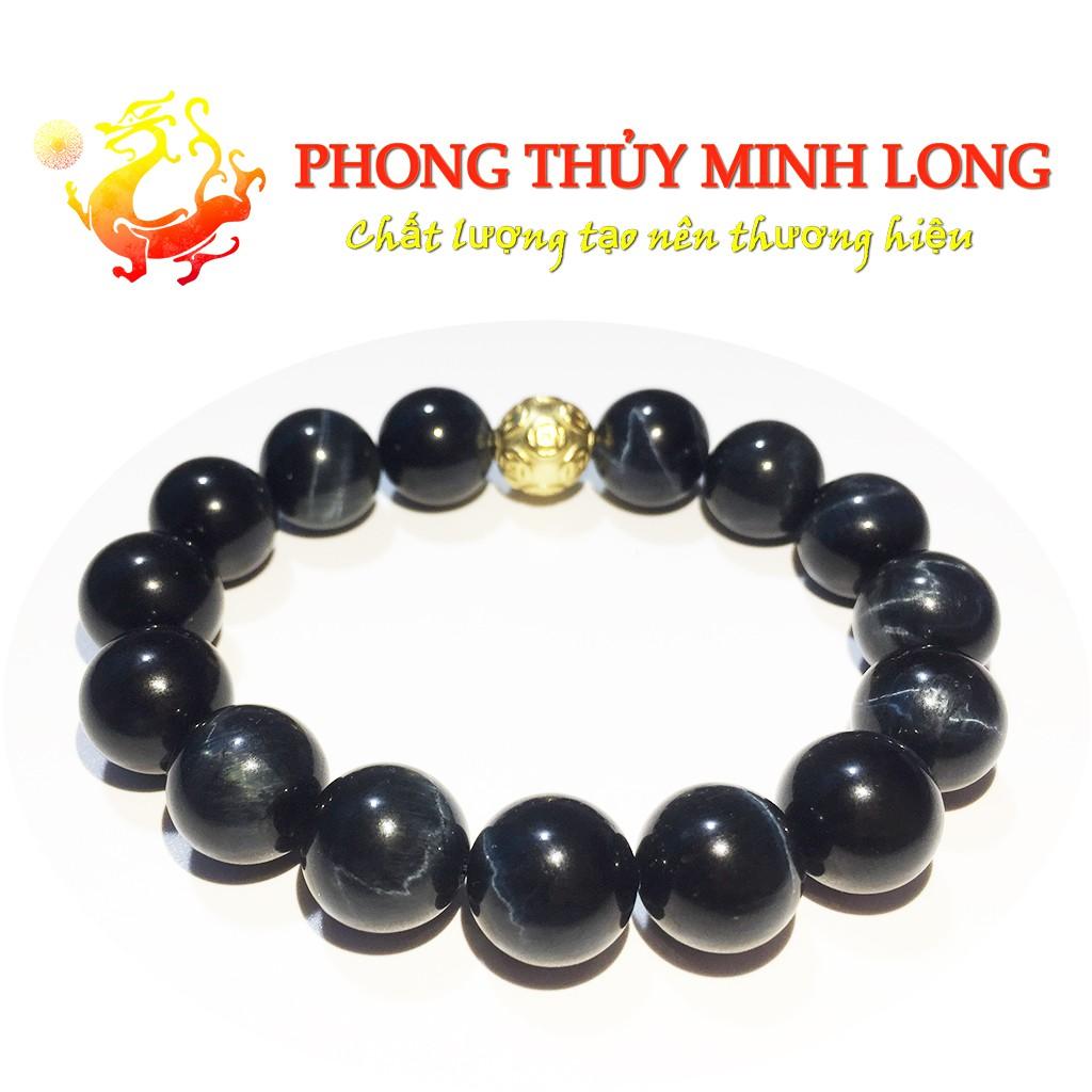 Vòng tay đá mắt hổ Chim Ưng xanh đen chất lượng 5A mix 1 hạt kim tiền vàng hợp mệnh Thủy và Mộc
