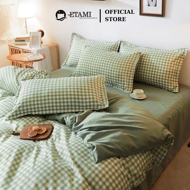 Bộ chăn ga gối đệm cao cấp cotton poly kẻ xanh cute miễn phí bo chun drap giường , ga trải giường P13