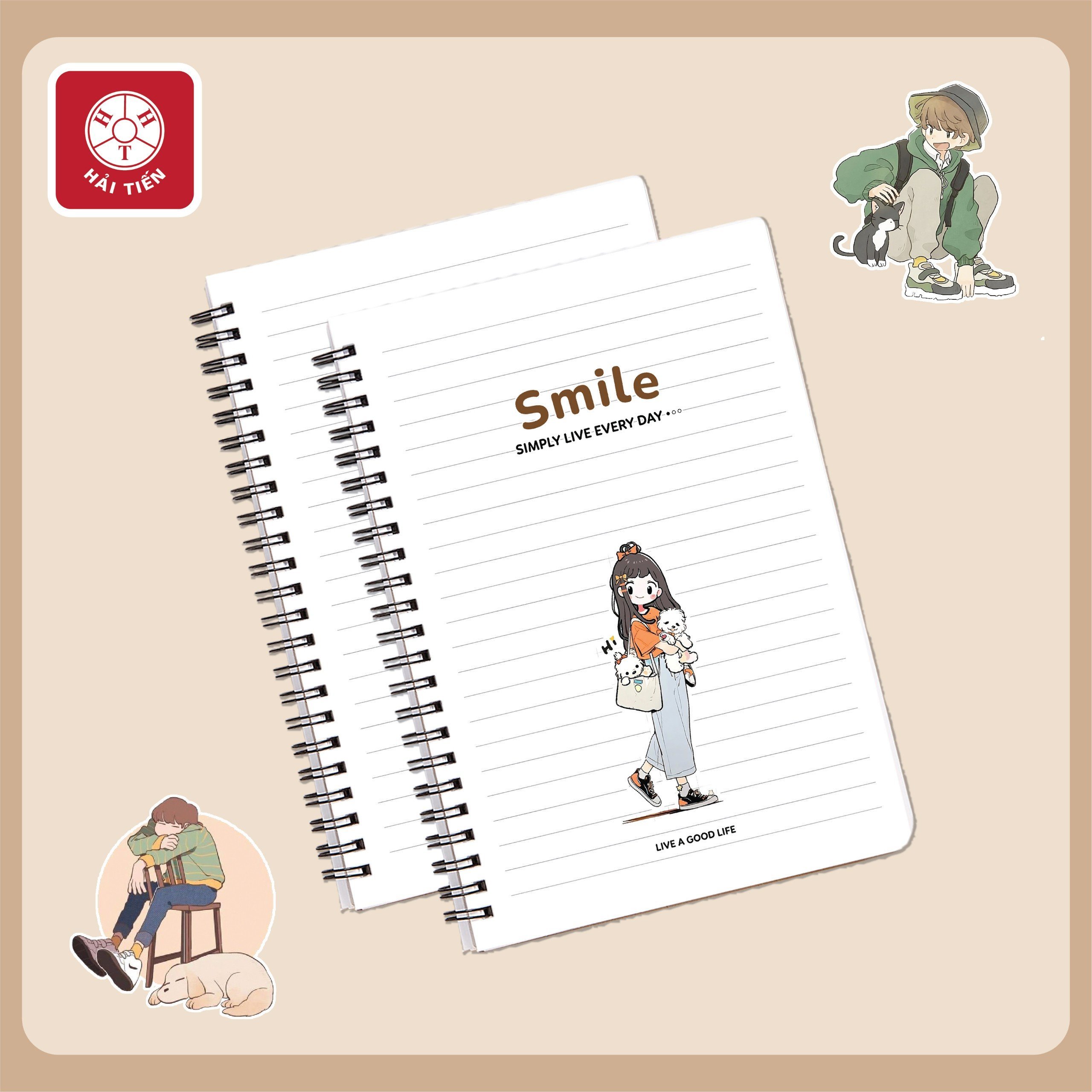 HẢI TIẾN Sổ lò xo bìa bồi Cao cấp - Smile - ĐL 80g/m2 - Dòng kẻ ngang - Nhiều kích cỡ - 200 trang