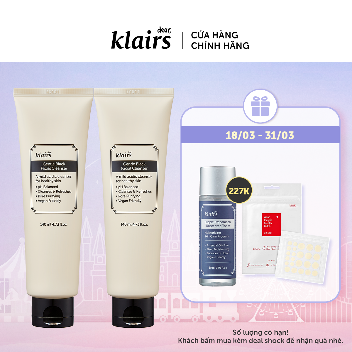 Combo 2 Sữa Rửa Mặt Dear Klairs Gentle Black Facial Cleanser 140ml