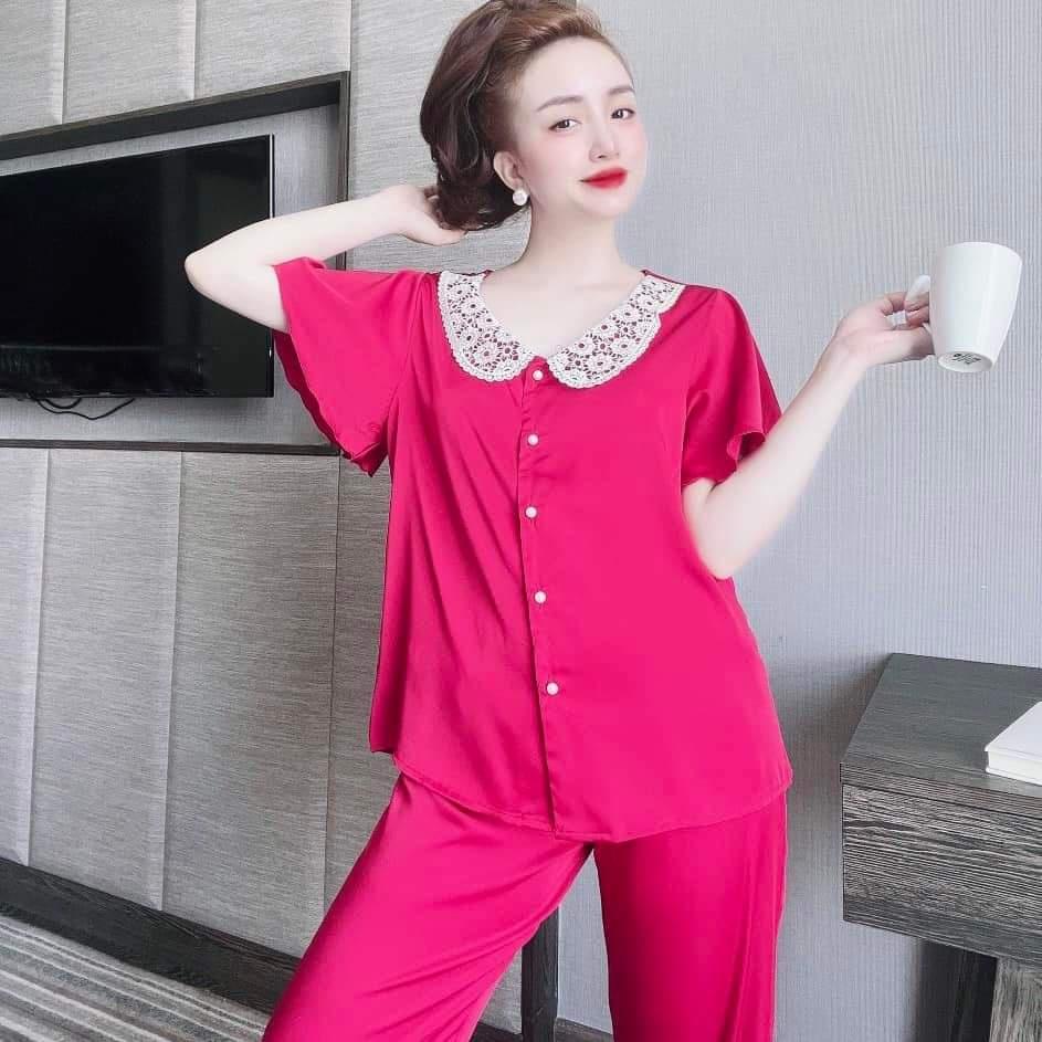 Đồ Ngủ Lụa Satin Quần Dài, Bộ mặc Nhà Cổ ren Tay Xòa Chất Vải Mát, Ít Nhăn Phom Thoải Mái, Dưới 58kg