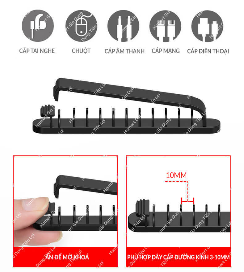 Vỉ 10 Móc Treo Dây Điện Dán Tường Có Chốt Hamart Kẹp Cố Định Dây Cáp Văn Phòng Keo Siêu Dính Tiện Lợi