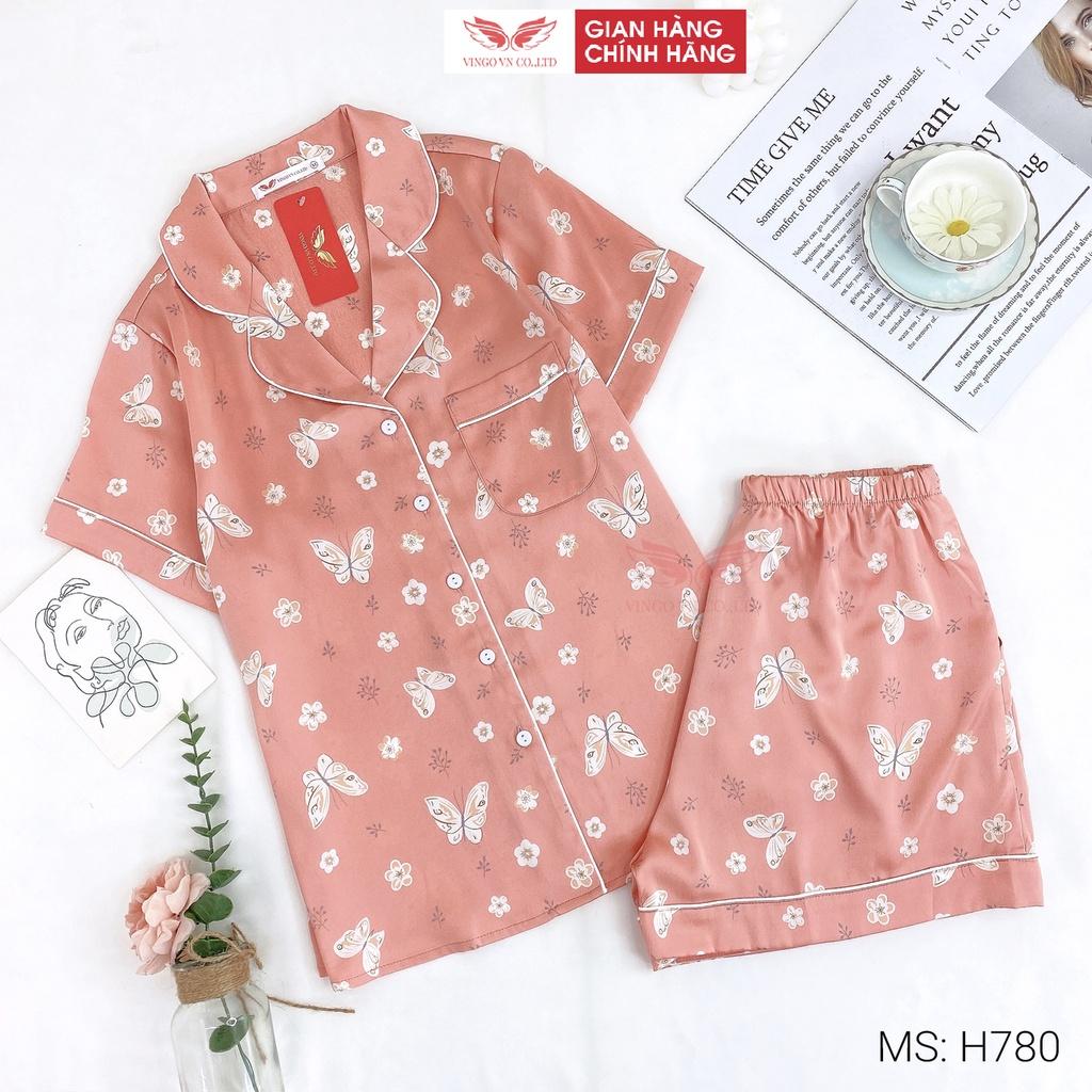 Đồ bộ nữ mặc nhà Pijama VINGO lụa Gấm mềm tay ngắn quần cộc họa tiết bướm trắng và hoa mặc mùa Hè thoải mái H780 VNGO