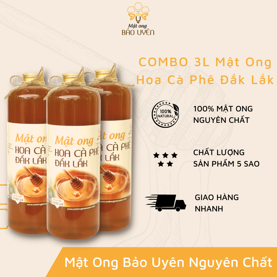 Combo 3 Lít Mật Ong Hoa Cà Phê Nguyên Chất Bảo Uyên Chống Oxy Hóa Tăng Cường Sức Đề Kháng
