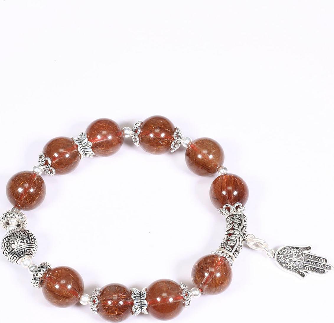 Vòng tay đá thạch anh tóc đỏ mix bàn tay hamsa bạc hạt đá 11mm mệnh hỏa, thổ - Ngọc Quý Gemstones