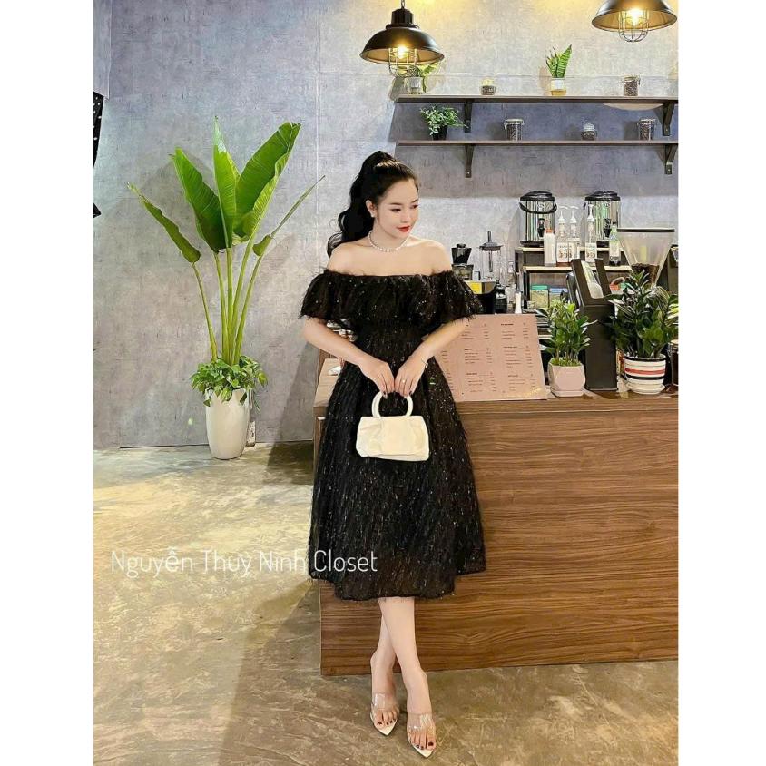 Đầm xoè lông vũ dự tiệc trễ vai bèo ngực cao cấp