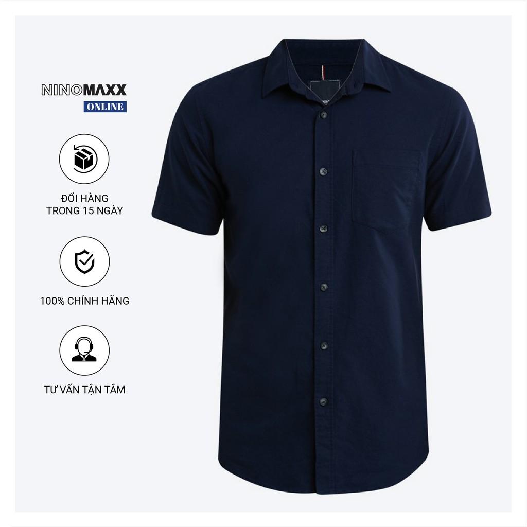 Áo Sơ Mi Nam Ninomaxx cộc tay màu xanh than dáng regular fit 100% cotton mã 1812148