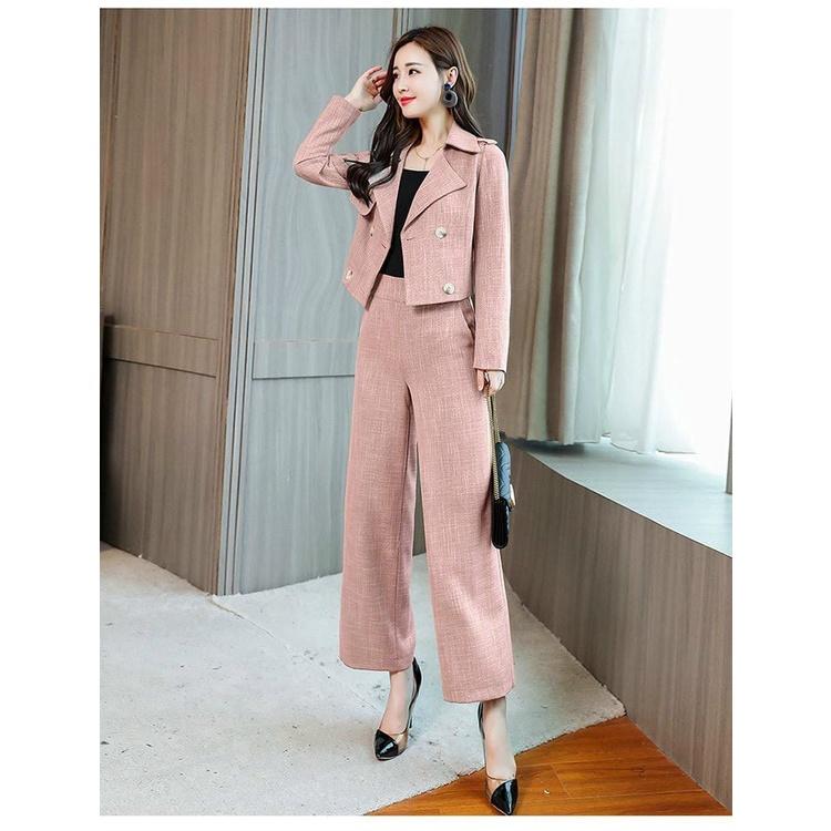 Set Bộ Vest Quần Ống Rộng Áo Form Ngắn Cổ Cách Điệu
