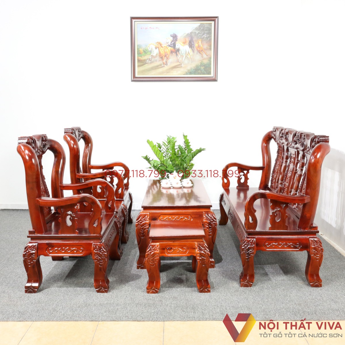 Bộ Bàn Ghế Salon Gỗ Tràm Mặt Xoan Đào Chạm Đào Bộ 6 Món Tay 12