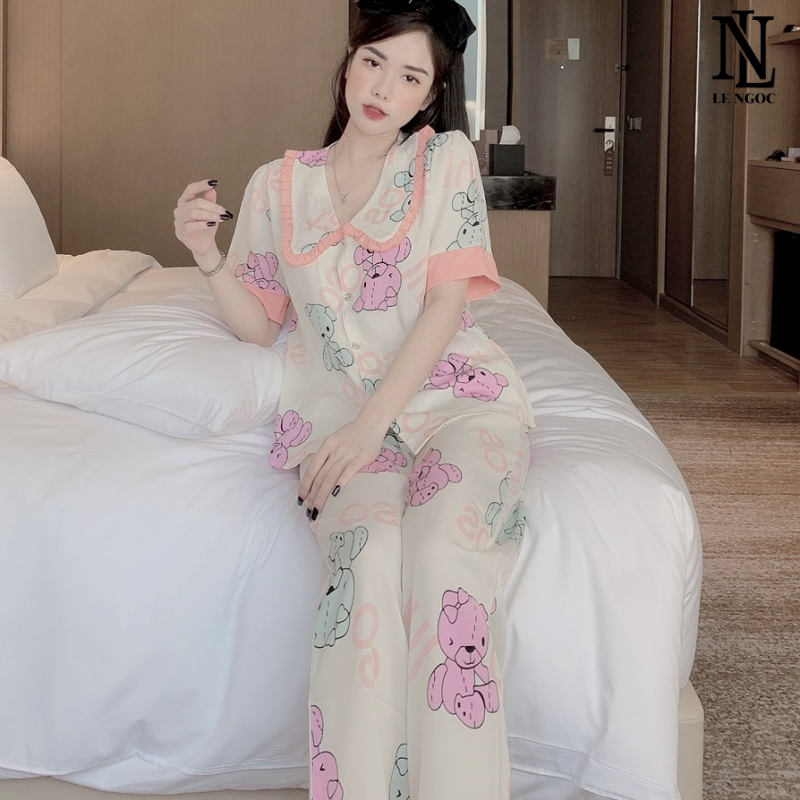 Bộ pijama cộc tay quần dài chất liệu lụa mango, bộ đồ ngủ nữ pyjama cổ bèo dễ thương DC22