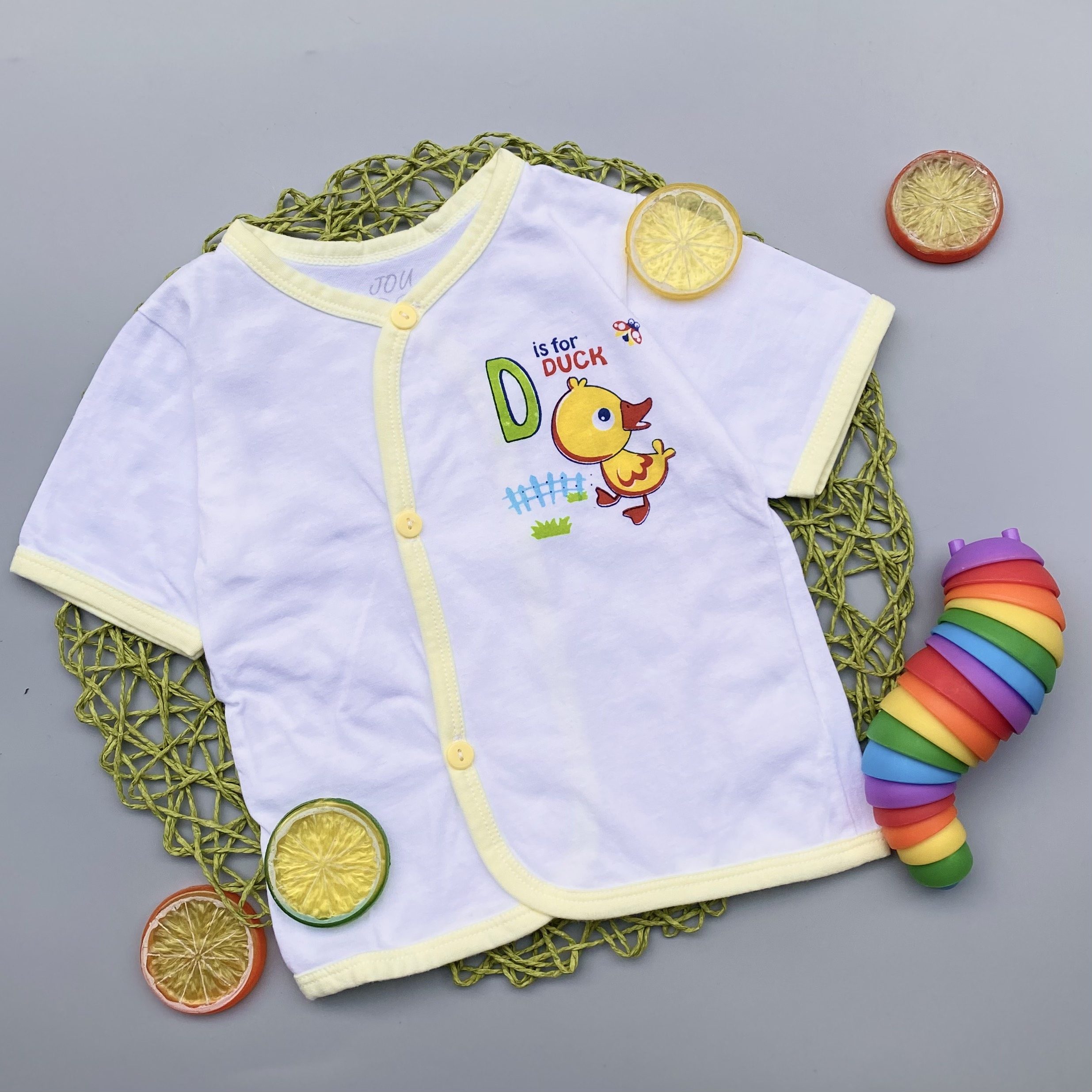 (J04TN) ÁO CÀI XÉO TAY NGẮN TRẮNG VIỀN CHO BÉ 3-11kg - JOU - Viền Xanh Ngọc