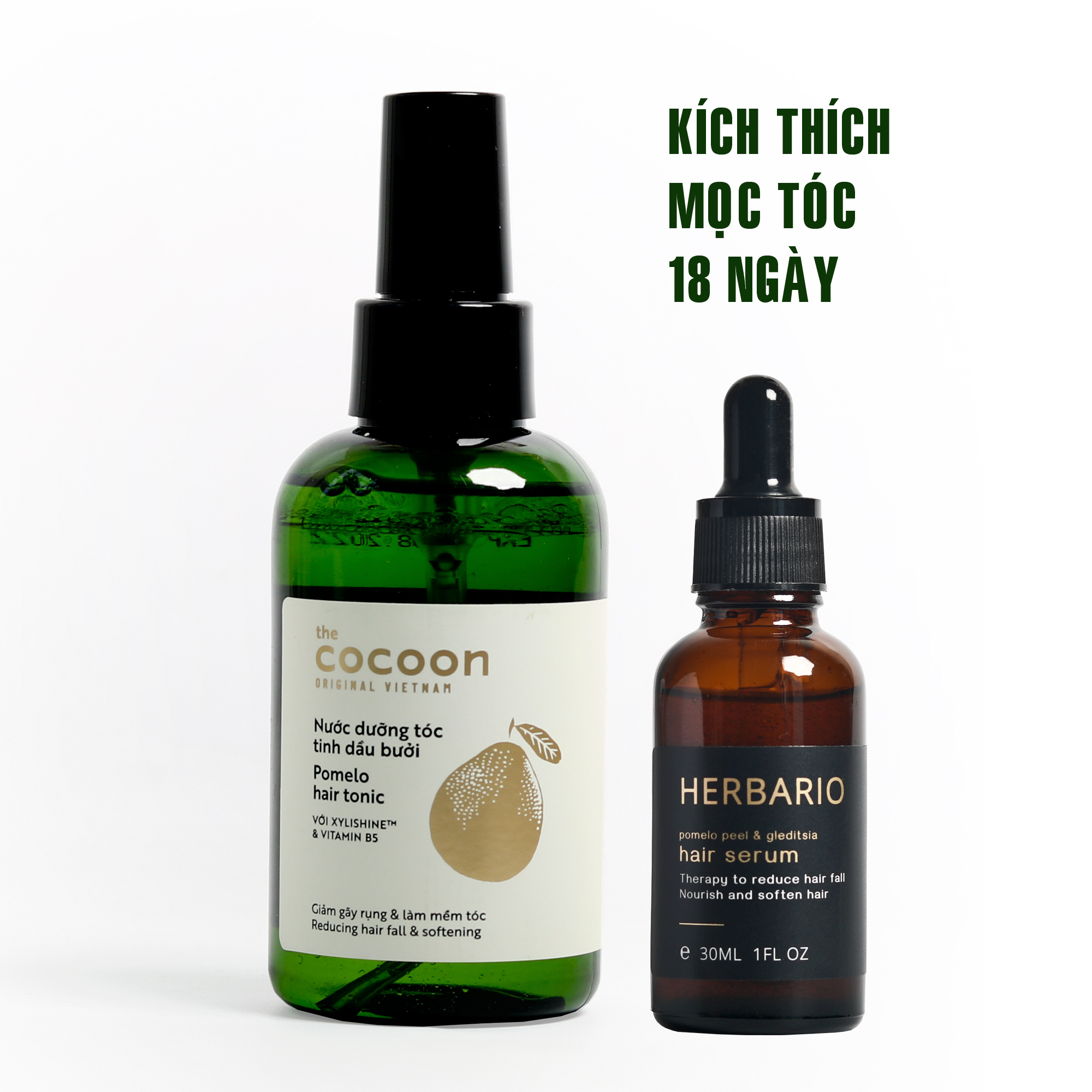 Nước xịt dưỡng tóc tinh dầu bưởi pomelo cocoon 140ml + Serum mọc tóc pomelo bồ kết herbario 30ml