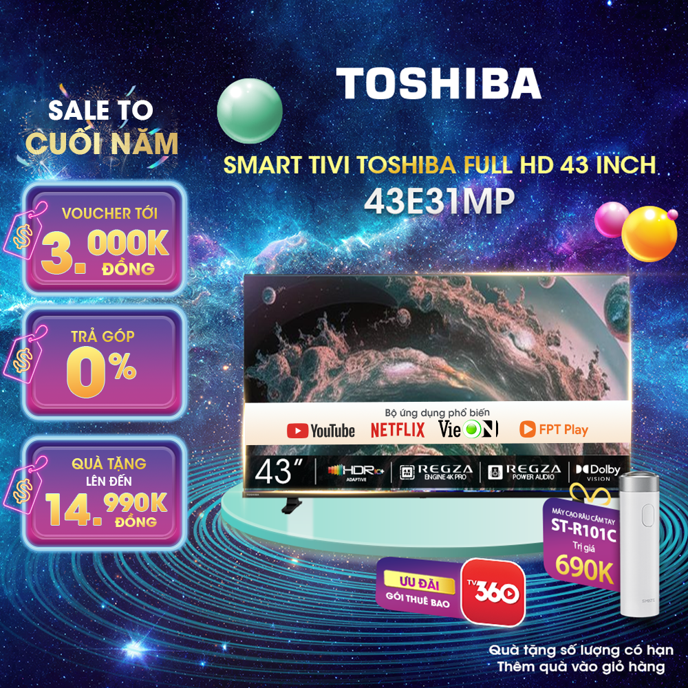 Smart Tivi TOSHIBA 43 inch 43E31MP, Màn Hình LED FULL HD - Giao Hàng Toàn Quốc - Hàng Chính Hãng